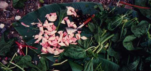 An assortment of Island Food on a laplap leaf.