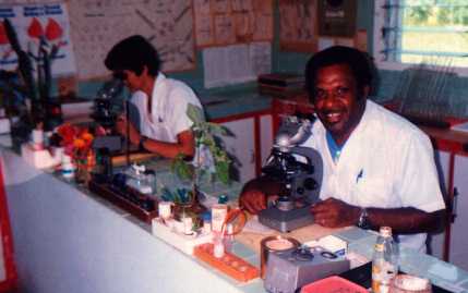 Two laboratory technicians at their microscopes.